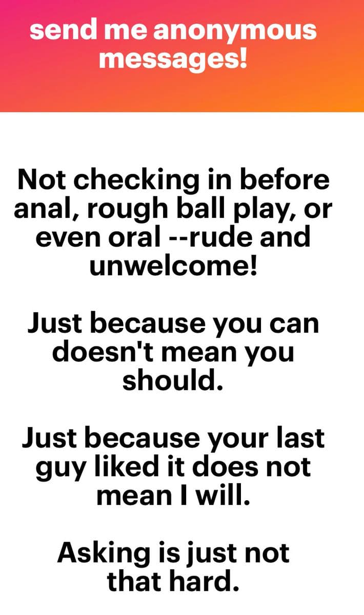 A text-based image with a red-to-orange gradient header and a white body containing black text. The image serves as a set of guidelines for anonymous messages, emphasizing consent and communication.