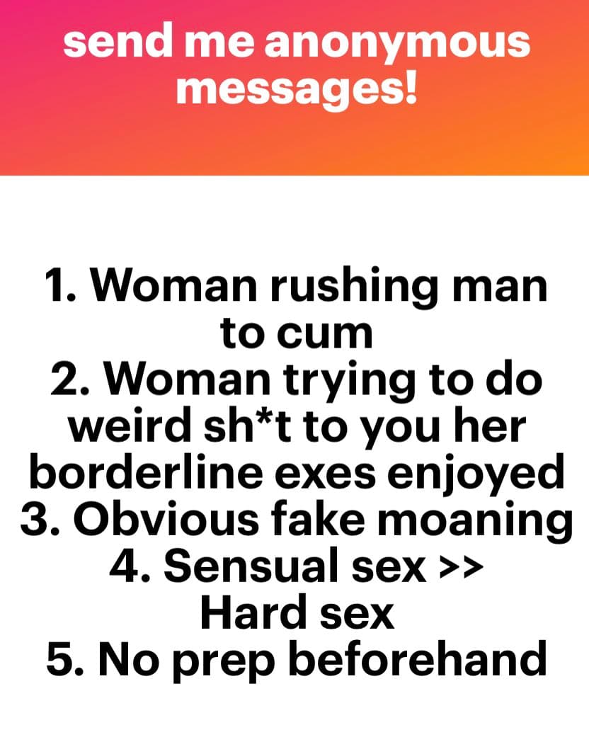 A text-based image with a red-to-orange gradient header and a white body containing a numbered list. The header reads 'send me anonymous messages!' and the list below contains five items describing various scenarios.