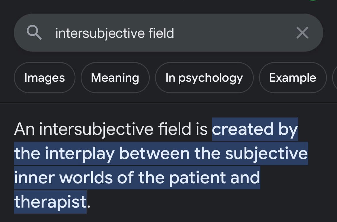 A screenshot of a search engine results page in dark mode, showing a search for the term "intersubjective field". Below the search bar and filter buttons, a highlighted definition is displayed.