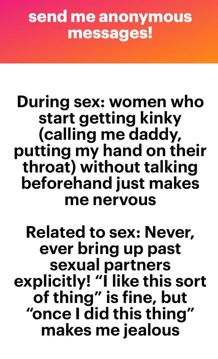 A text-based social media post with a red-to-orange gradient header and a white body. The header reads 'send me anonymous messages!' and the body contains two paragraphs of personal preferences regarding sexual communication and boundaries.