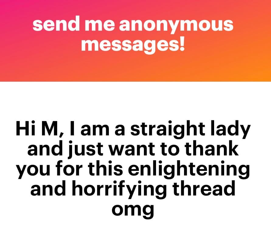 A text-based image with a pink-to-orange gradient header and a white body. The header reads 'send me anonymous messages!' and the body contains a message from a user.