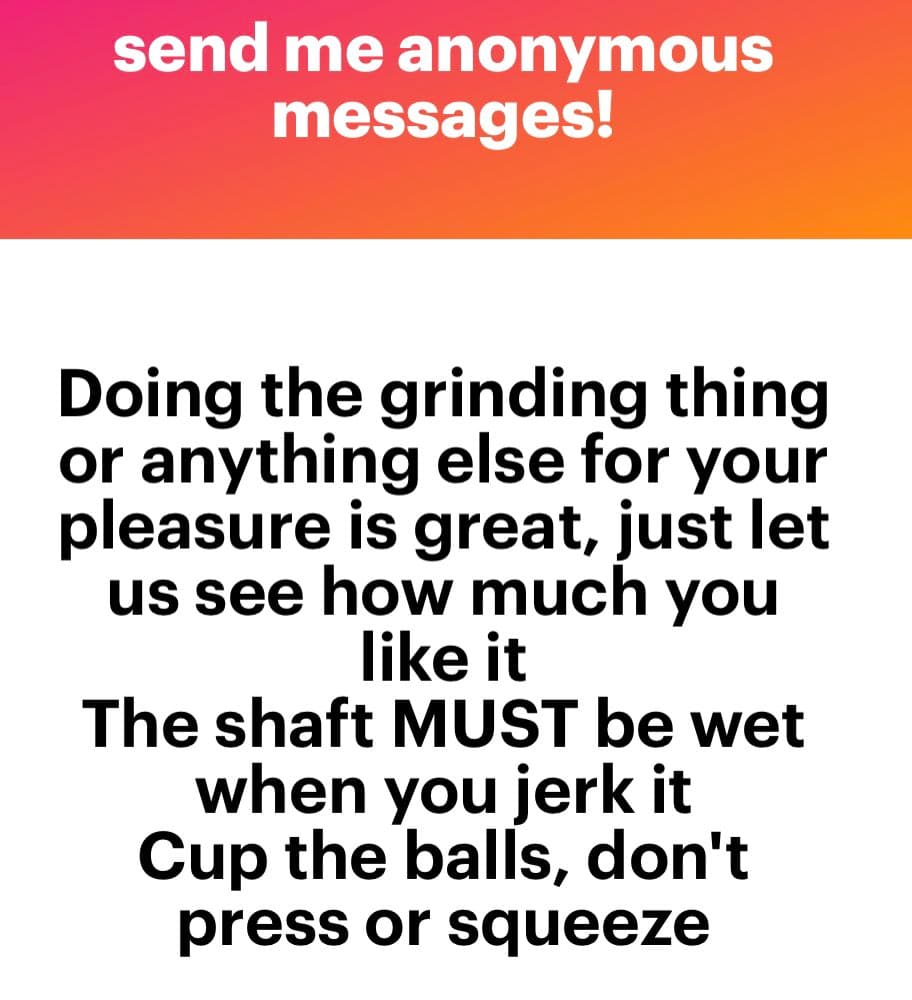 A text-based image with a red-to-orange gradient header and a white body containing explicit sexual instructions. The header reads 'send me anonymous messages!' and the body provides detailed guidance on performing a sexual act.