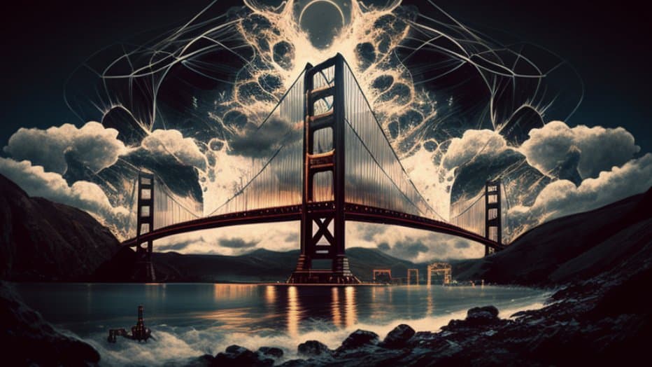 A surreal digital artwork depicting a bridge resembling the Golden Gate Bridge set against a dramatic, cosmic sky filled with swirling clouds and a large, glowing celestial formation. The scene is dark and moody, with the bridge's lights reflecting on the water below.