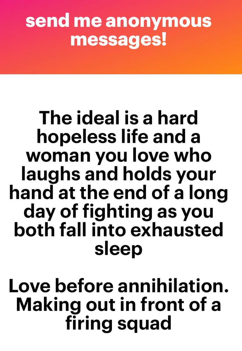 A text-based image with a red-to-orange gradient header and a white body. The header contains a call to action, and the body contains two paragraphs of text expressing a romantic and defiant sentiment.