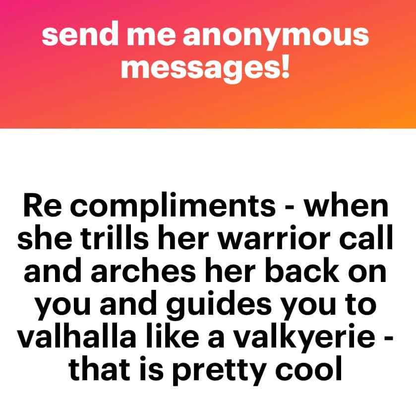 A two-part text image with a red-to-orange gradient header and a white body. The header contains a call to action, and the body contains a humorous response about a compliment.