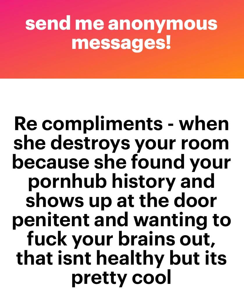 A text-based image with a pink-to-orange gradient header and a white body. The header contains a call to action, and the body contains a humorous anecdote about a relationship situation.