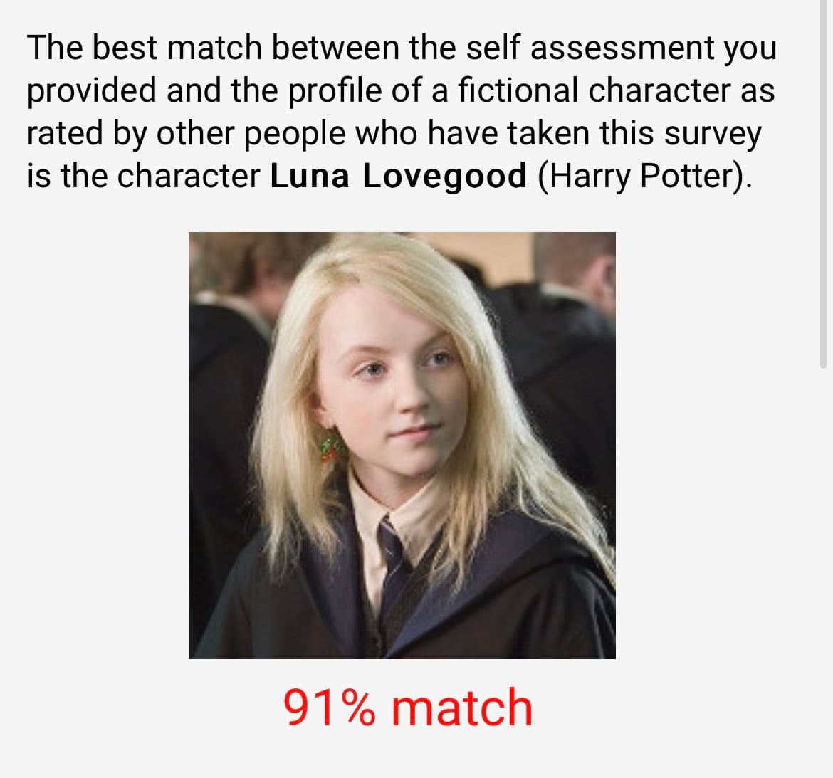 A screenshot of a personality quiz result showing a 91% match with the character Luna Lovegood from Harry Potter, featuring a photo of the actress in costume.