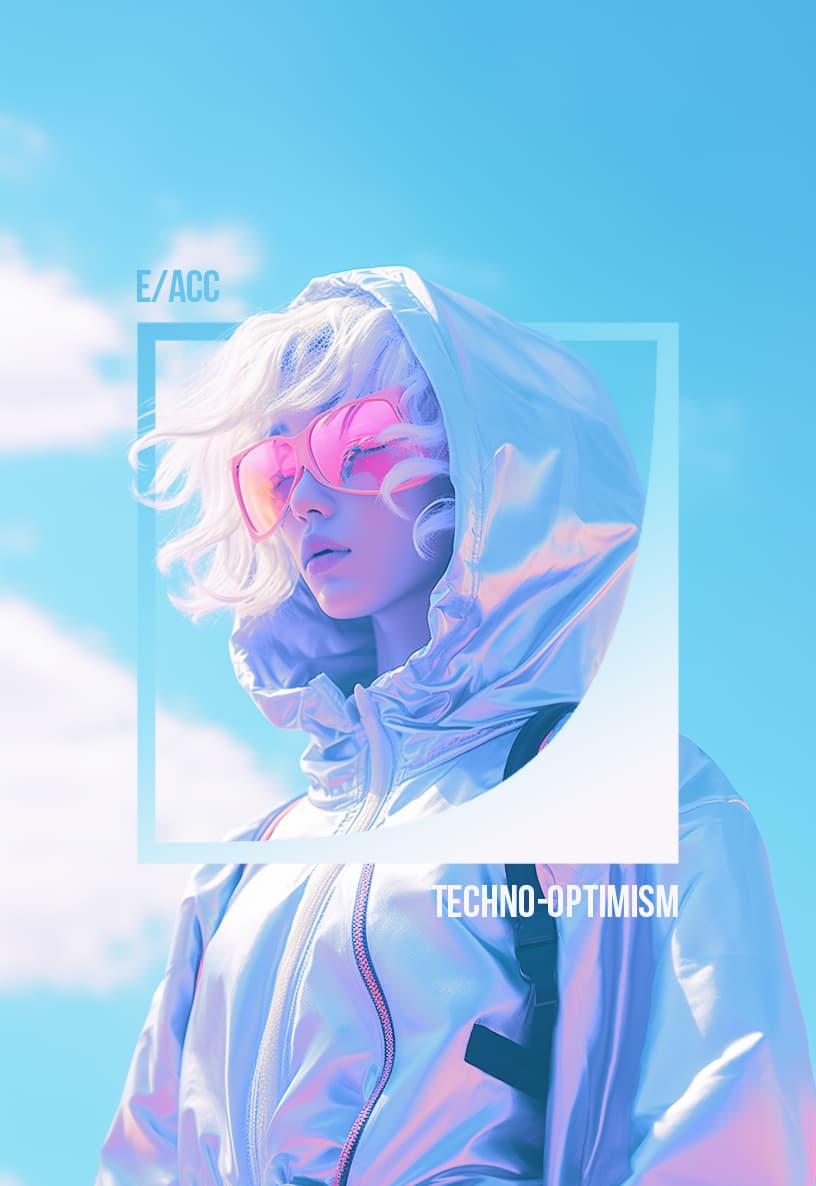 A stylized, futuristic portrait of a person with white hair wearing a shiny, iridescent hooded jacket and pink sunglasses against a blue sky. The image features a graphic overlay with a white square frame and text elements.