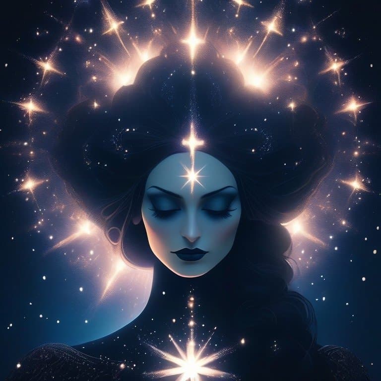 A digital illustration of a woman with pale blue skin, dark hair, and closed eyes, adorned with glowing star-like lights on her forehead and chest. She is surrounded by a cosmic background filled with sparkling stars and a crescent moon.