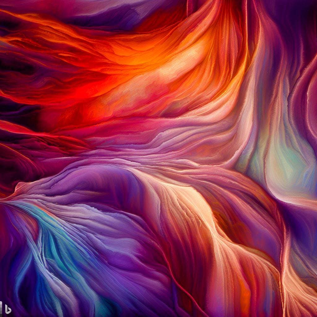 This is an abstract digital artwork featuring flowing, wave-like patterns in vibrant colors. The image displays swirling textures of red, orange, purple, and blue that resemble silk or liquid motion. There is a small white logo in the bottom left corner.
