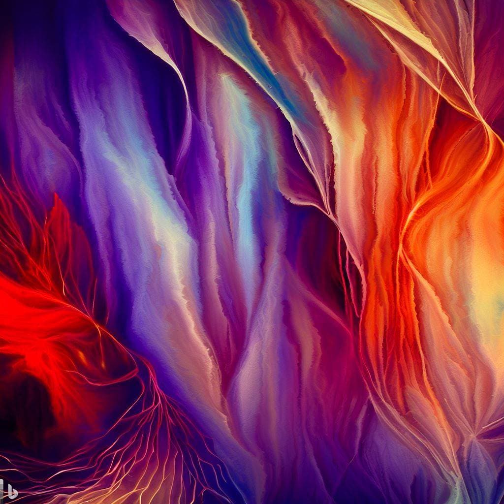A vibrant, abstract digital artwork featuring flowing, fluid-like patterns in vivid colors. The image displays swirling textures of deep purple, bright red, orange, and light blue, resembling silk or liquid in motion. A small, white logo is visible in the bottom left corner.