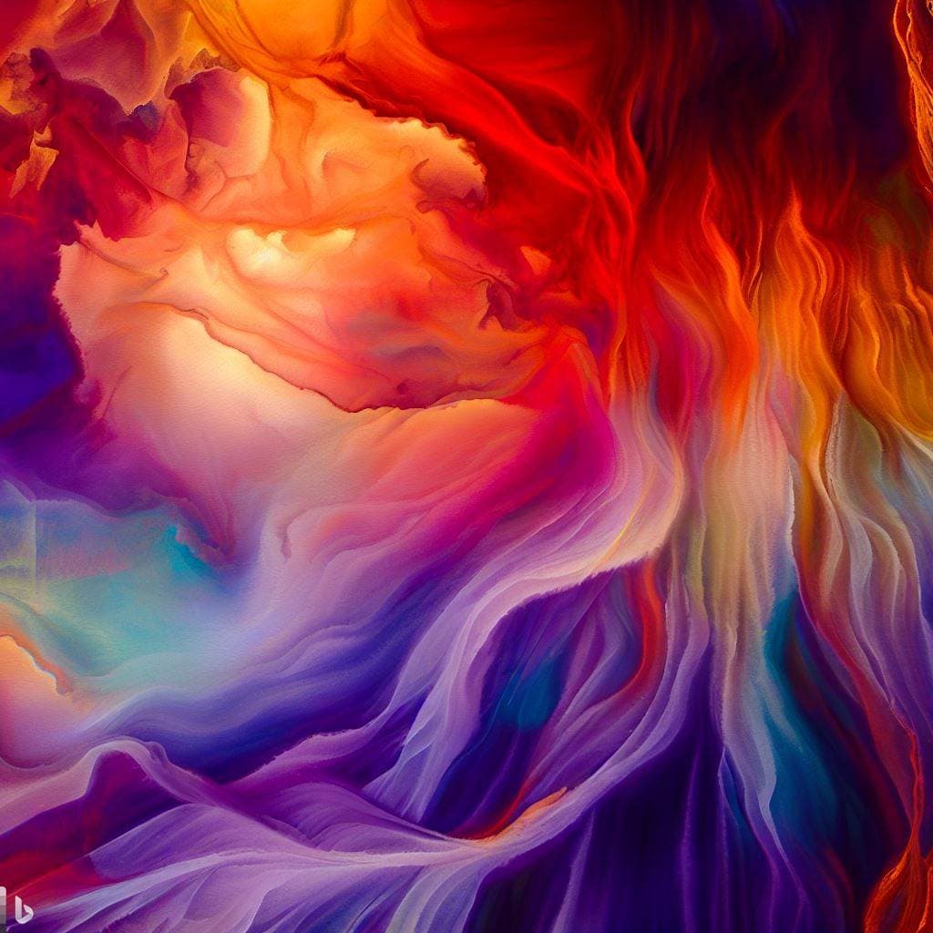 This is an abstract digital artwork featuring vibrant, swirling colors that blend like liquid paint. The image displays flowing patterns of red, orange, purple, and blue, creating a dynamic and fluid visual effect. A small white logo is visible in the bottom left corner.