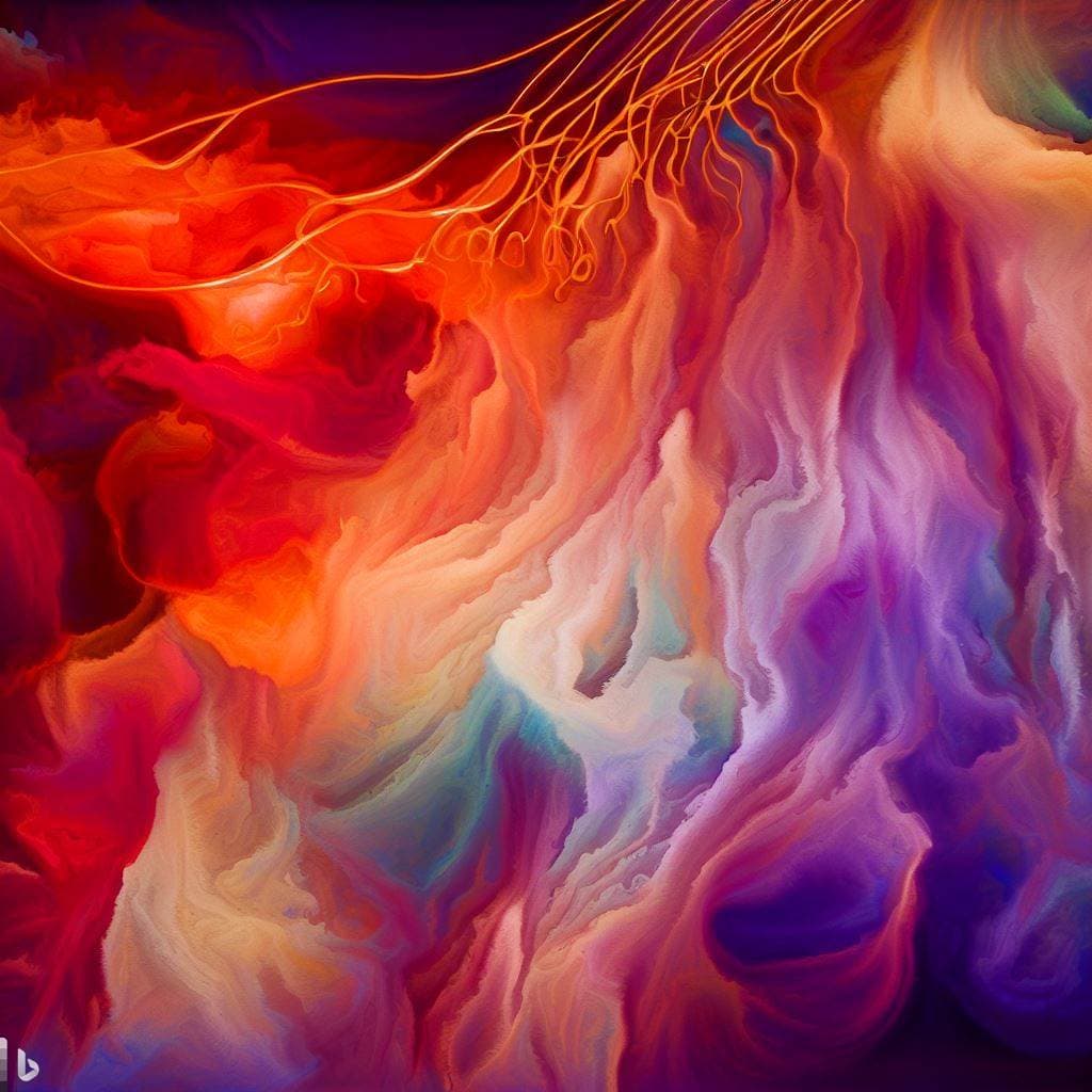 An abstract digital artwork featuring swirling, fluid-like patterns in vibrant shades of red, orange, purple, and blue. Thin, glowing orange lines resembling light trails or fibers arc across the upper portion of the image.