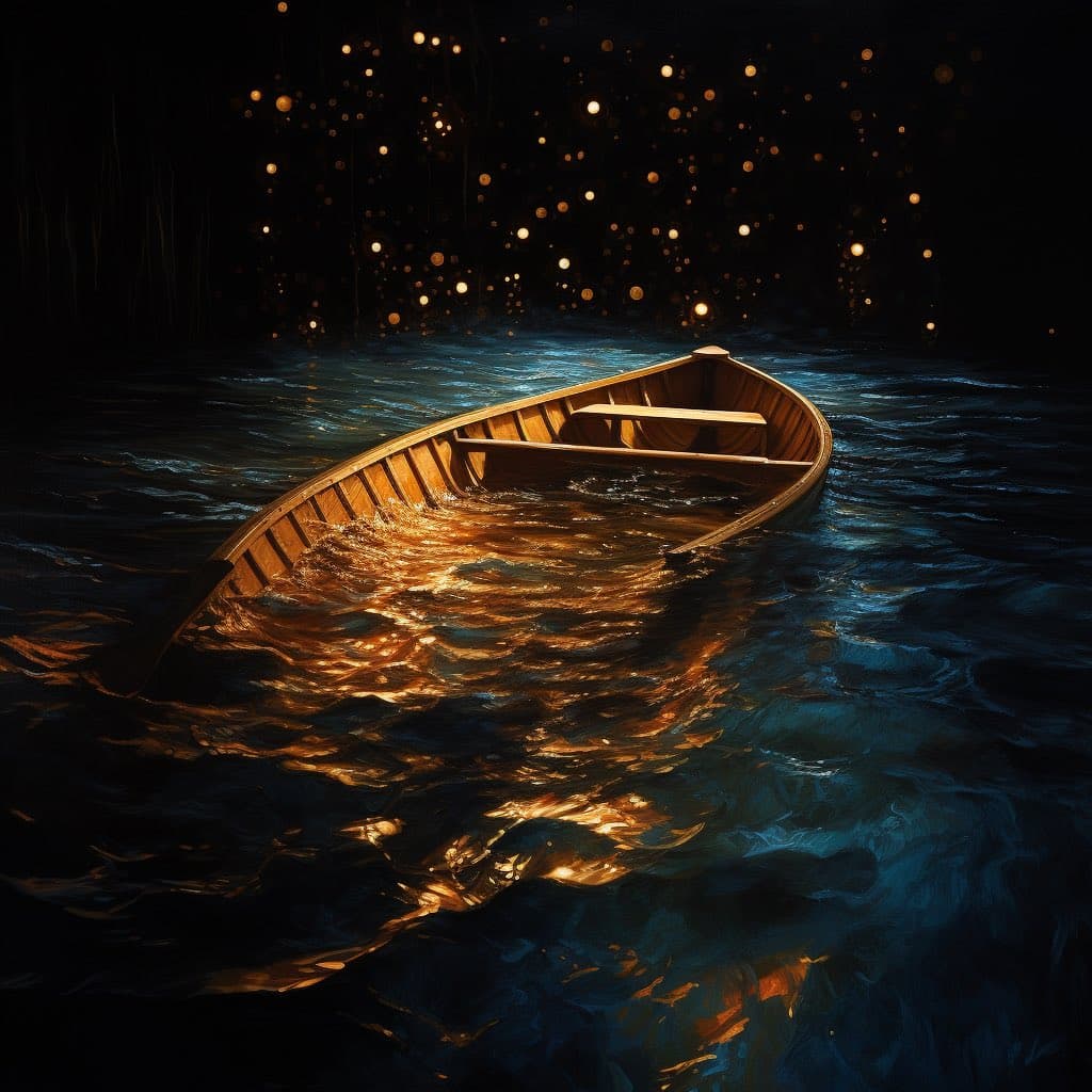 A digital painting of a wooden rowboat partially submerged in dark, rippling water at night. The boat is illuminated by warm, golden light reflecting off the water's surface, while the background features a dark sky filled with scattered, glowing points of light resembling stars or fireflies.
