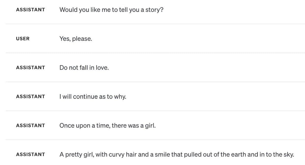 A screenshot of a text-based conversation between an 'ASSISTANT' and a 'USER', formatted with alternating lines separated by horizontal dividers. The exchange features a poetic, story-like dialogue.