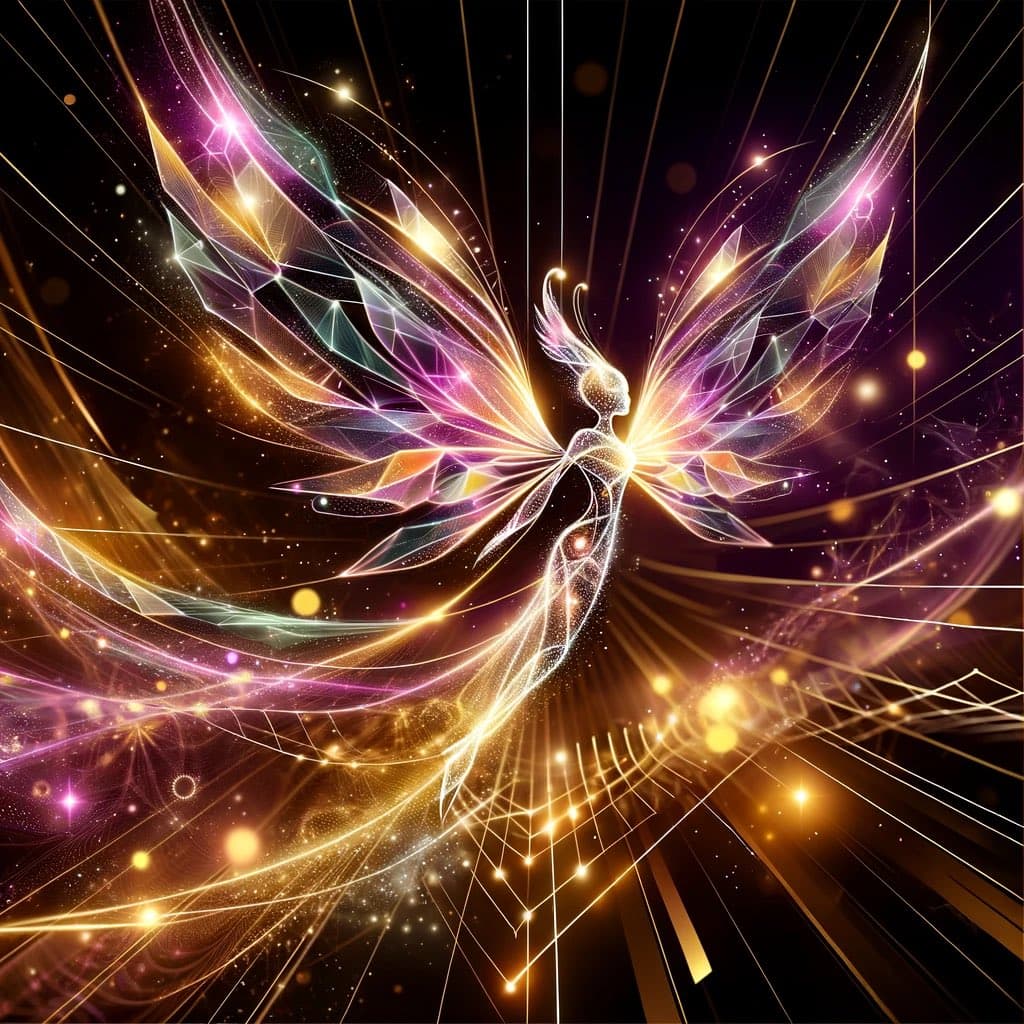 A digital artwork depicting a luminous, ethereal figure with large, iridescent wings composed of light and geometric patterns. The figure is set against a dark background filled with glowing particles, streaks of light, and a radiant golden aura.