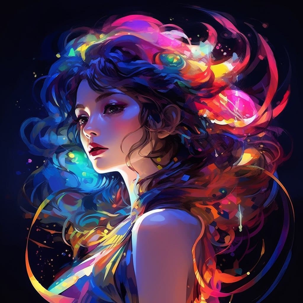 A vibrant digital illustration of a woman with flowing, multicolored hair against a dark background. The artwork features a stylized, painterly aesthetic with swirling hues of blue, pink, orange, and yellow.