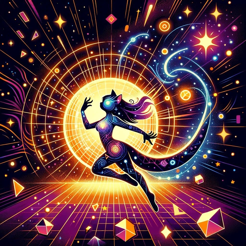 A vibrant, retro-futuristic digital illustration featuring a stylized, patterned humanoid figure with cat-like ears running across a glowing grid floor. The background is a cosmic scene with a large sun, stars, geometric shapes, and swirling light trails in neon colors.