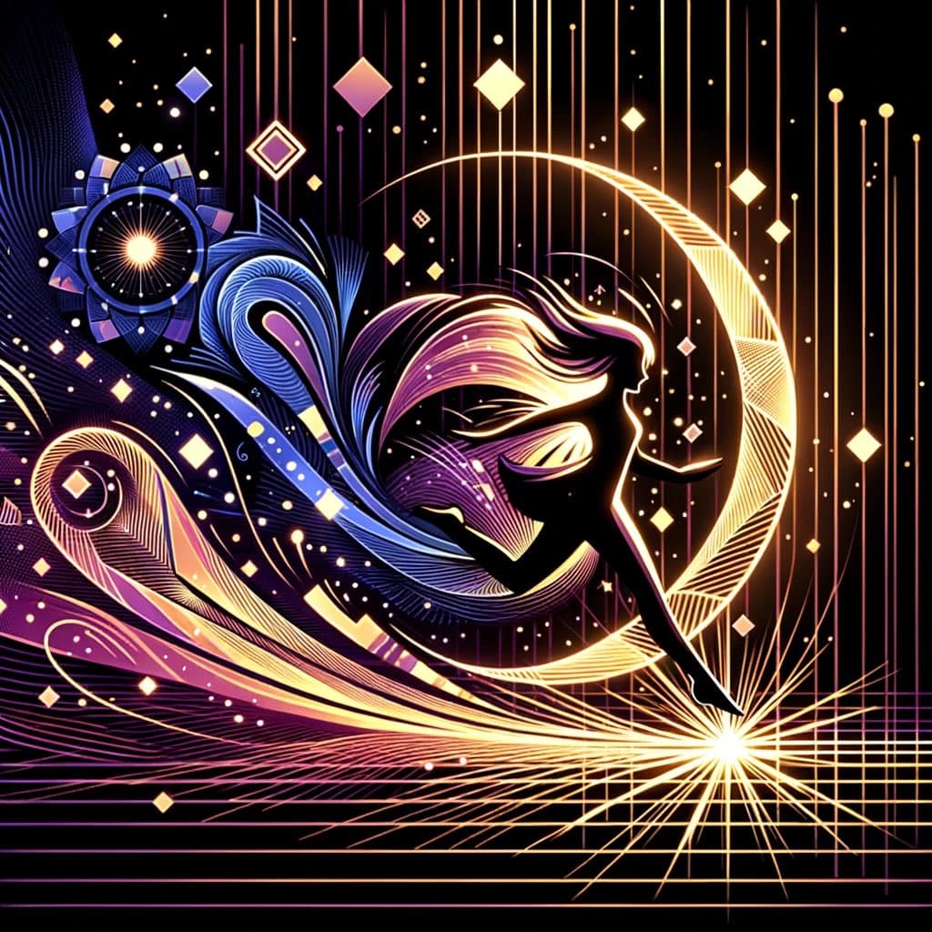 A stylized digital illustration featuring a silhouette of a figure with flowing hair running through a large, glowing crescent moon. The artwork uses vibrant neon colors, including purples, blues, and golds, with intricate line work and geometric patterns against a dark background.
