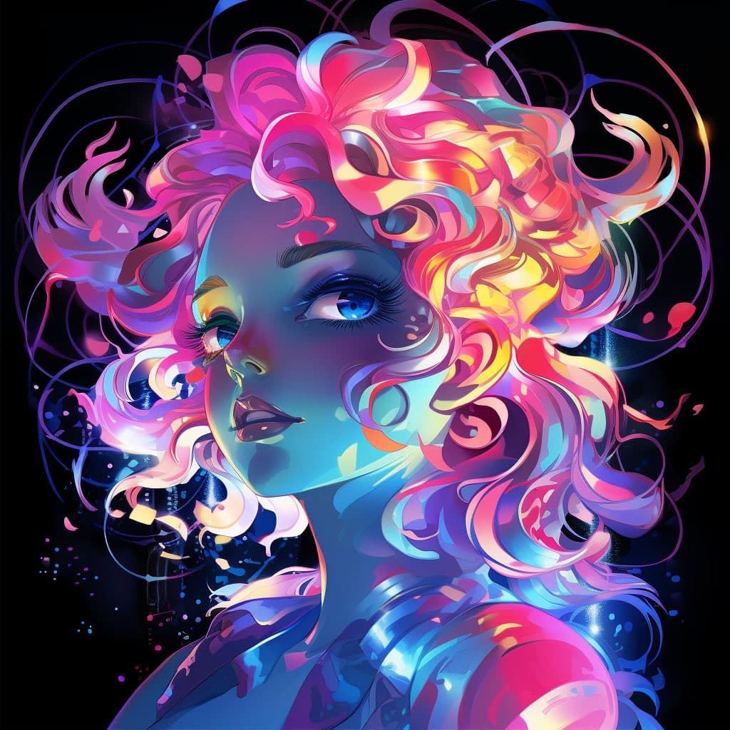 A vibrant, digital illustration of a person with voluminous, colorful hair in shades of pink, orange, and blue, set against a dark background. The artwork features a stylized, neon-lit aesthetic with swirling patterns and glowing accents.