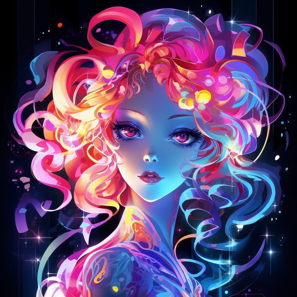 A vibrant, neon-style digital illustration of a woman with flowing, multicolored hair in shades of pink, orange, blue, and purple, set against a dark, starry background. The artwork features glowing highlights and a stylized, artistic aesthetic.