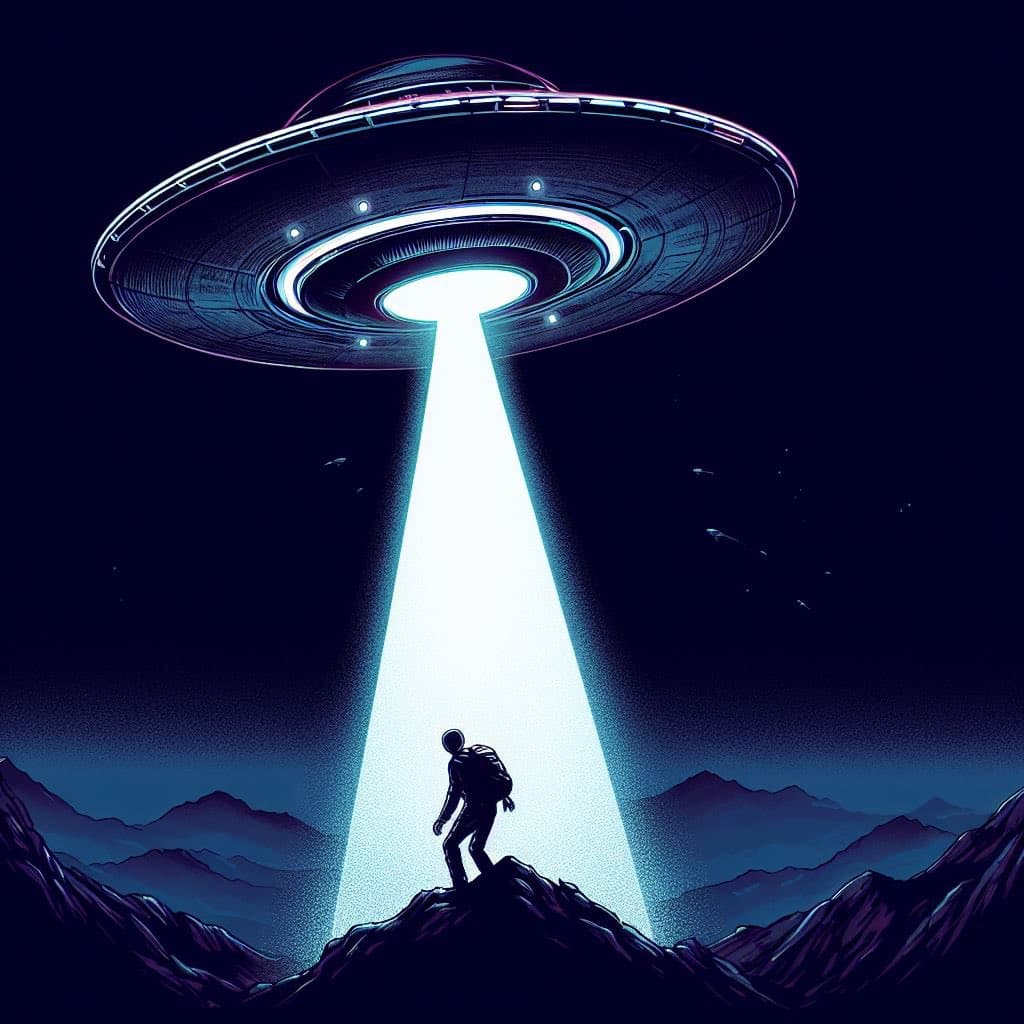 A digital illustration depicts a large, glowing flying saucer hovering in a dark night sky, projecting a bright beam of light down to a silhouetted figure standing on a rocky mountain peak. The scene is set against a backdrop of distant mountains and a starry sky. The image has a retro-futuristic, sci-fi aesthetic with neon blue and purple lighting.