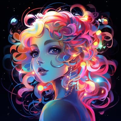 A vibrant digital illustration of a woman with voluminous, curly hair in shades of pink, orange, and blue, adorned with glowing lights and stars against a dark, cosmic background. The image is a stylized, artistic portrait with a fantastical, neon aesthetic.