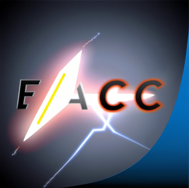 A digital graphic featuring the word "FACC" in bold, stylized letters against a dark, stormy background. A bright, jagged bolt of lightning strikes diagonally through the center of the image, passing between the letters, with a glowing white and yellow core and branching blue and orange tendrils.