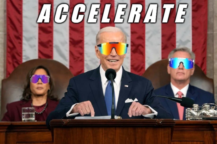 A meme image showing three people at a podium in front of American flags, with digitally added rainbow-colored sunglasses on their faces. The word "ACCELERATE" is written in large white letters at the top.