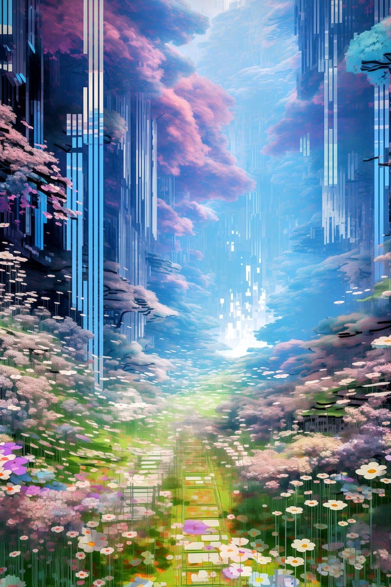 A digital illustration depicting a futuristic, nature-integrated cityscape with tall, glowing skyscrapers surrounded by lush pink and purple trees and a vibrant green meadow filled with flowers. A bright light source shines from the center of the canyon-like structure, creating a serene and ethereal atmosphere.