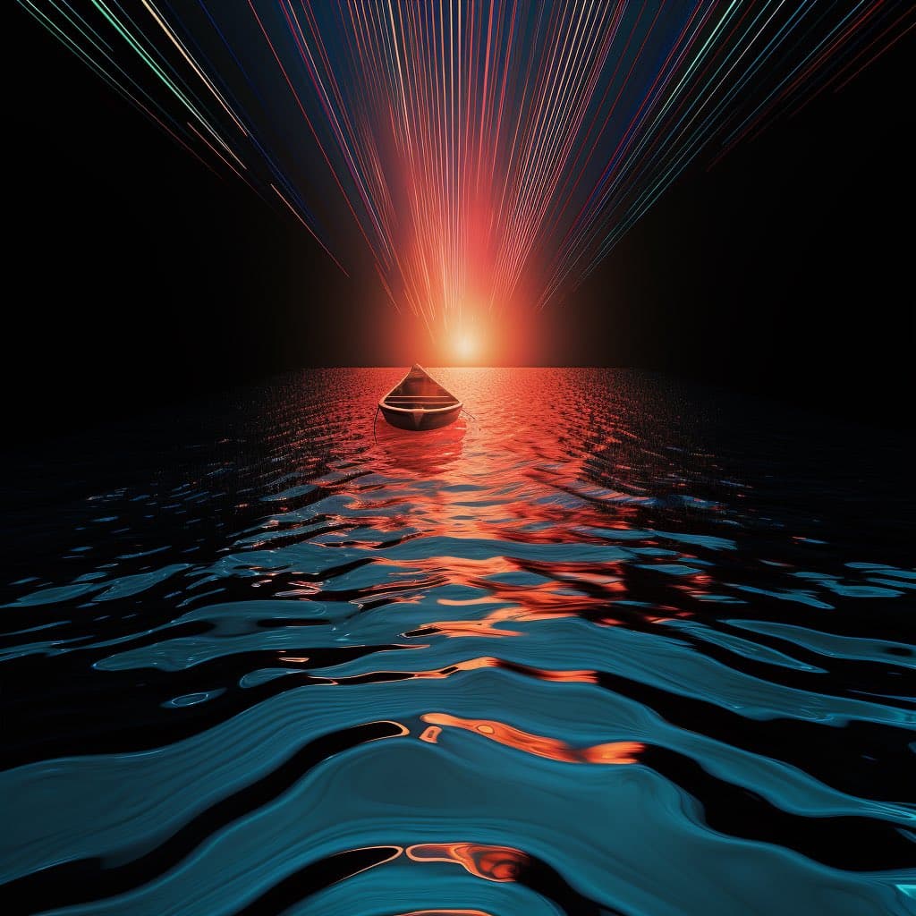 A digital artwork depicting a small boat on dark, rippling water, illuminated by a bright, radiant light source on the horizon that casts colorful streaks across the black sky. The water reflects the intense red and orange glow of the light, creating a striking contrast with the deep blue and black tones of the scene.