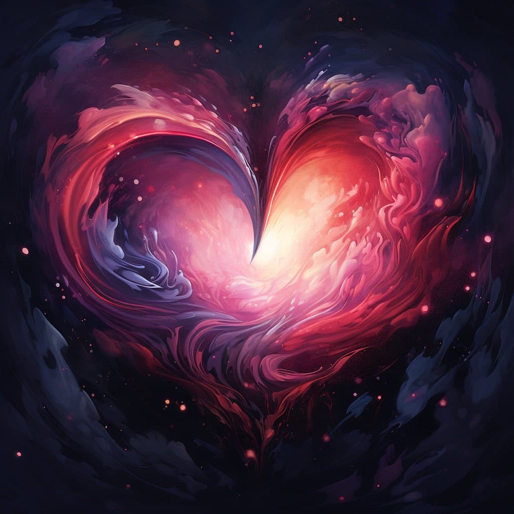 A digital artwork depicting a glowing, abstract heart formed from swirling, liquid-like textures in shades of red, pink, and purple against a dark background. The image has a cosmic or ethereal aesthetic with small, glowing particles scattered throughout.
