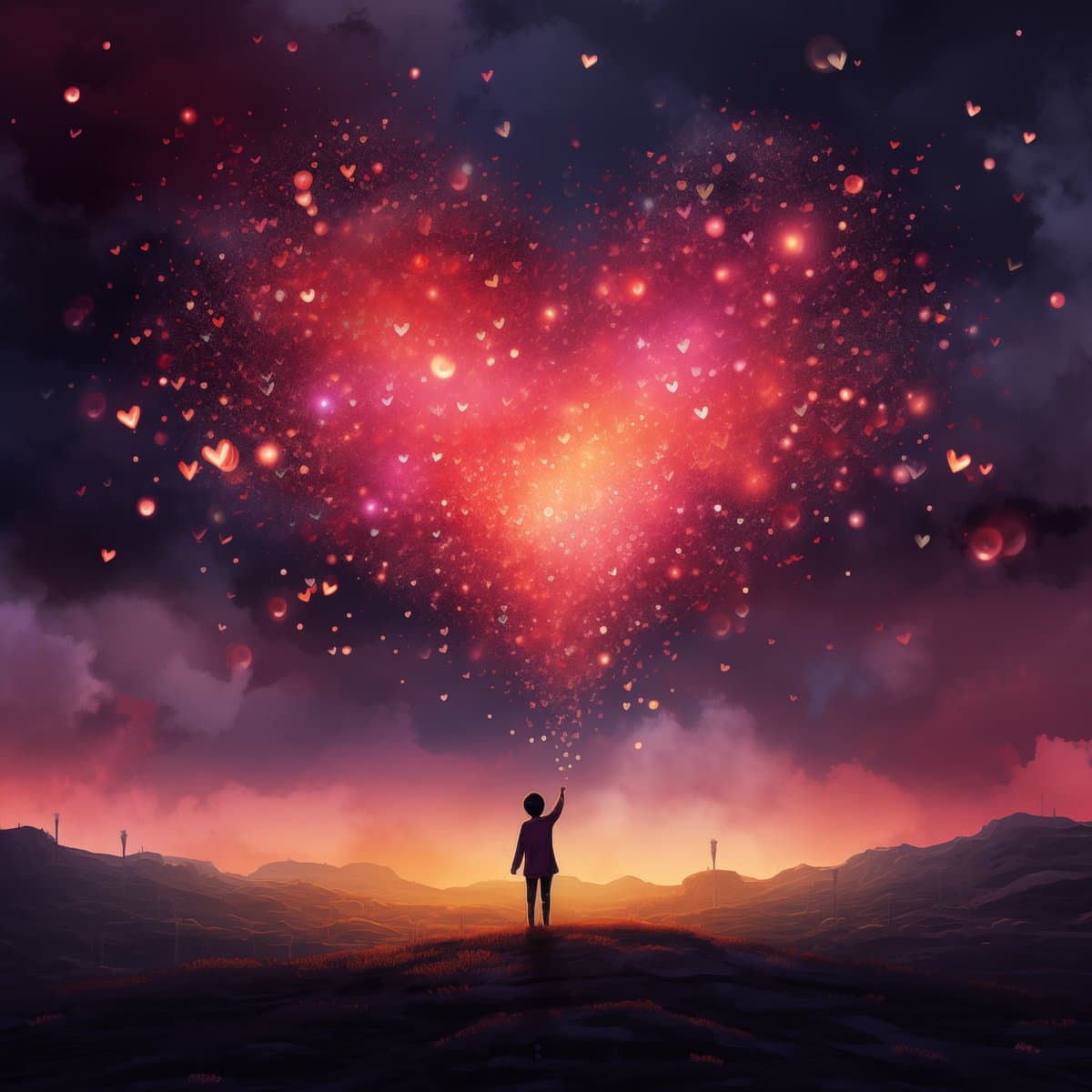 A digital illustration of a person standing on a hilltop at sunset, looking up at a massive, glowing heart-shaped cloud formation in the sky. The heart is composed of countless smaller, floating hearts and particles, creating a vibrant, magical atmosphere against a dark, cloudy background.
