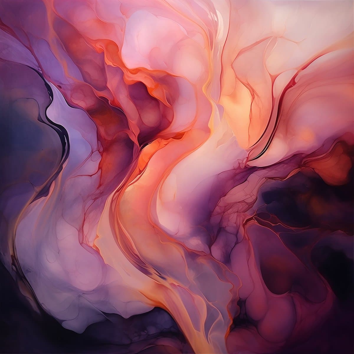 An abstract digital artwork featuring swirling, fluid patterns in shades of purple, pink, orange, and white. The image has a smooth, marbled texture with no discernible objects or text.