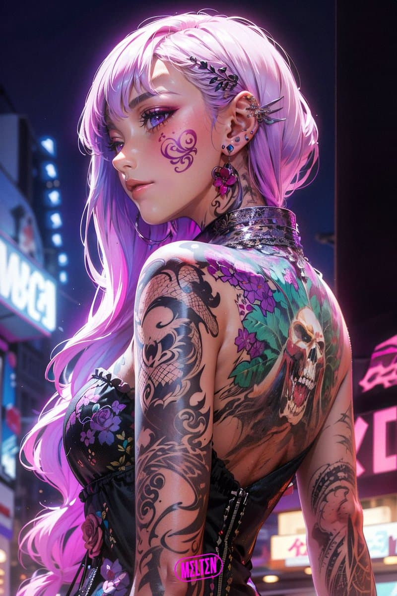 A digital illustration of a woman with long pink hair, purple eyes, and extensive tattoos on her face, neck, and arms, set against a neon-lit city background. She is wearing a black corset-style top and has a pink 'MELTEN' watermark near the bottom of the image.