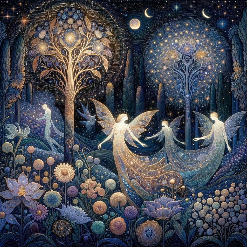 A digital illustration in an Art Nouveau style depicting a nighttime garden scene with winged fairy-like figures, stylized trees, and a starry sky. The artwork features intricate, decorative patterns and a dark blue color palette with glowing accents. The image is a piece of digital art, not a text-bearing document or screenshot.