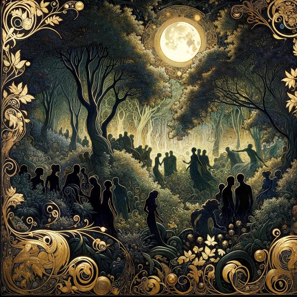 A digital illustration in an Art Nouveau style depicting a moonlit garden scene with silhouetted figures among ornate, golden foliage and trees. The artwork features intricate, swirling decorative borders and a large, glowing full moon in the night sky.