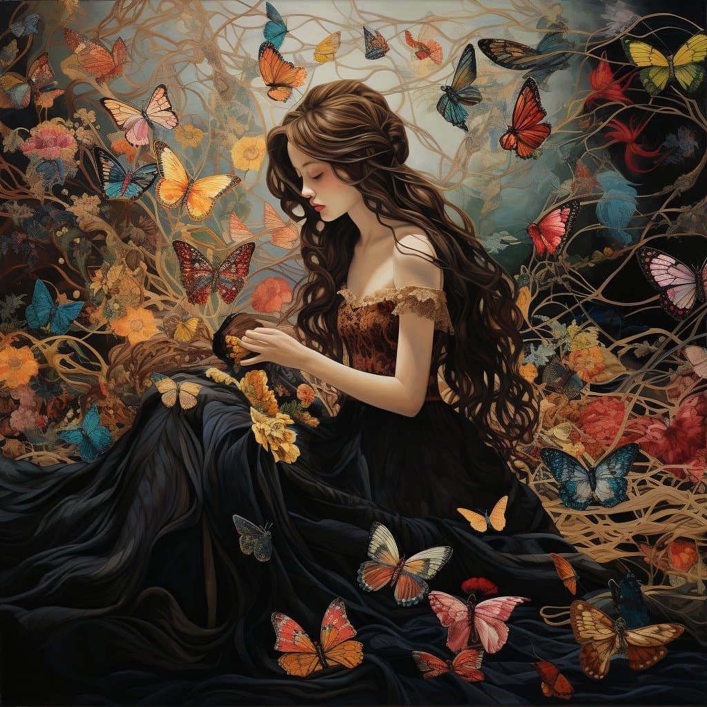 A digital painting of a woman with long brown hair sitting in a dark dress, surrounded by numerous colorful butterflies and flowers. She is looking down at her hands, which are holding a small object.