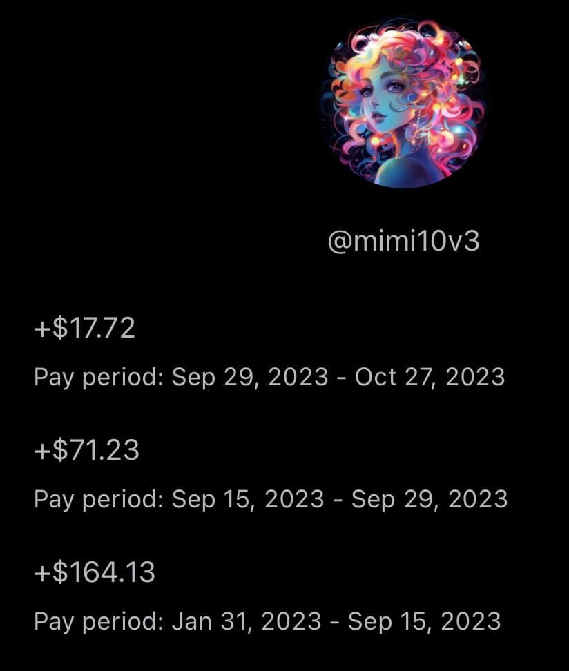 A screenshot of a Twitter user's profile page showing their recent earnings. The image displays a colorful, stylized avatar of a woman with curly hair, the handle @mimi10v3, and a list of three payments with their respective amounts and pay periods.
