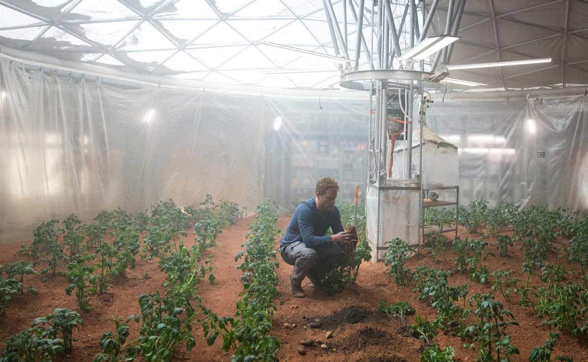 A man crouches in a large, geodesic-dome greenhouse with translucent walls, tending to rows of potato plants growing in reddish soil. He is holding a freshly harvested potato, and a central metal structure with lighting fixtures stands nearby.