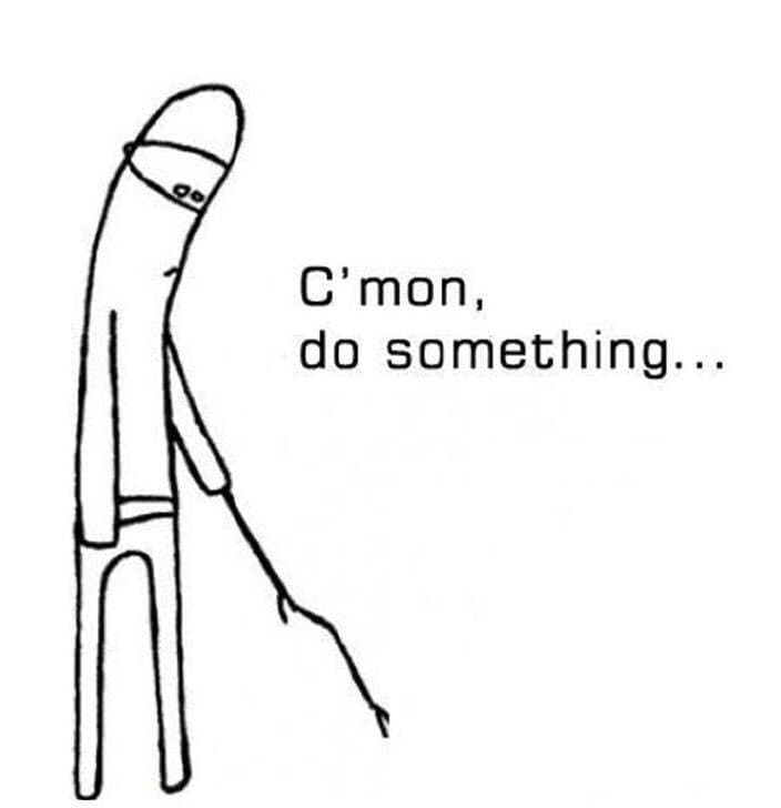A simple black-and-white line drawing of a slumped, sad-looking figure with a speech bubble next to it. The image is a meme expressing self-motivation or frustration.