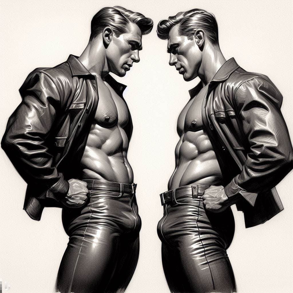 A black-and-white digital illustration depicting two muscular, identical-looking men in open leather jackets and pants facing each other in a mirror-like pose. The image has a glossy, 3D-rendered aesthetic.