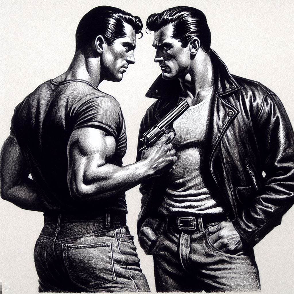A black-and-white digital illustration in a classic pulp art style depicting two muscular men facing each other. The man on the left holds a revolver pointed at the chest of the man on the right, who wears a leather jacket.
