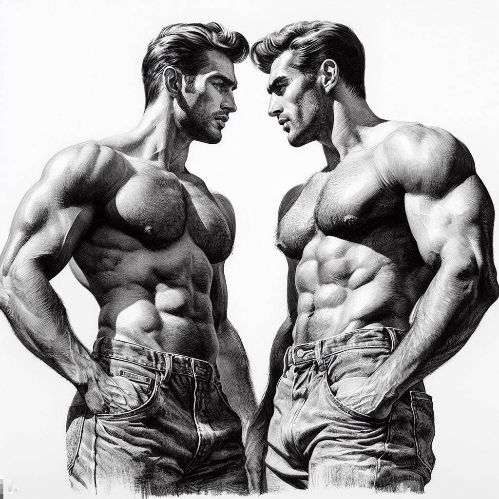 A black-and-white digital illustration depicting two muscular, shirtless men standing face-to-face in a mirrored pose. Both figures have their hands in the pockets of their jeans and are looking intently at one another.