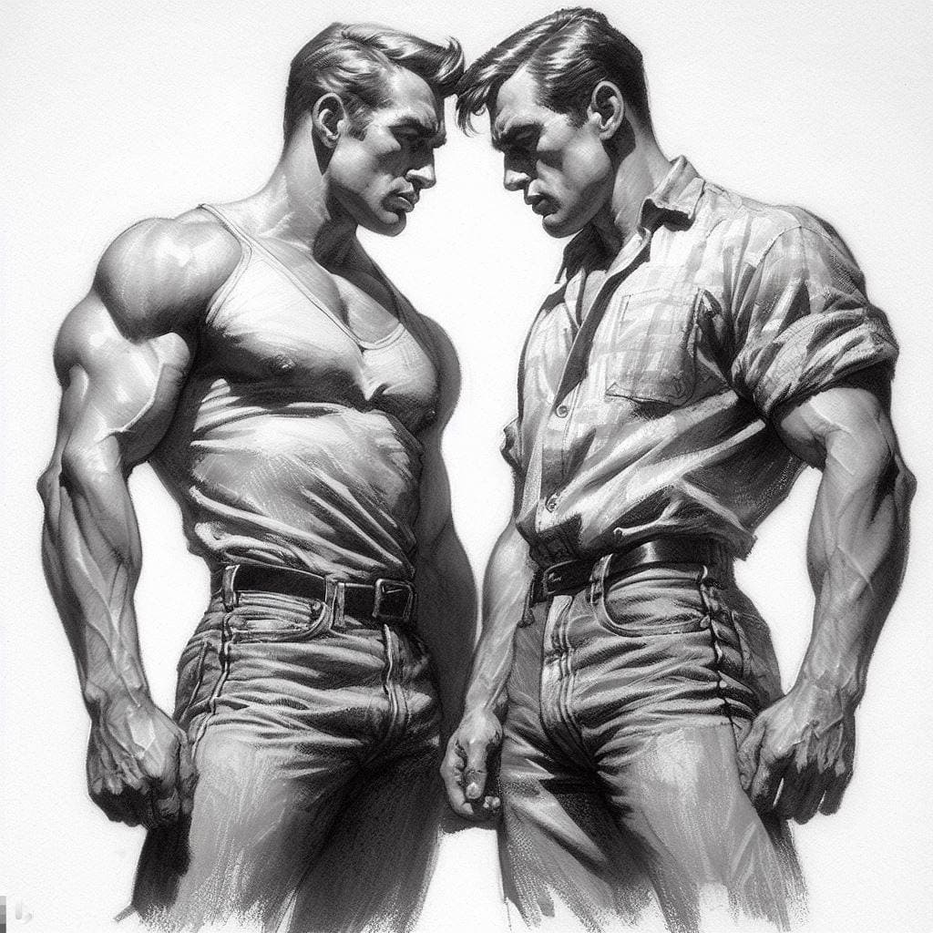 A black-and-white digital illustration of two muscular men standing face-to-face with their foreheads touching. The man on the left wears a tank top, while the man on the right wears a short-sleeved button-up shirt and jeans.