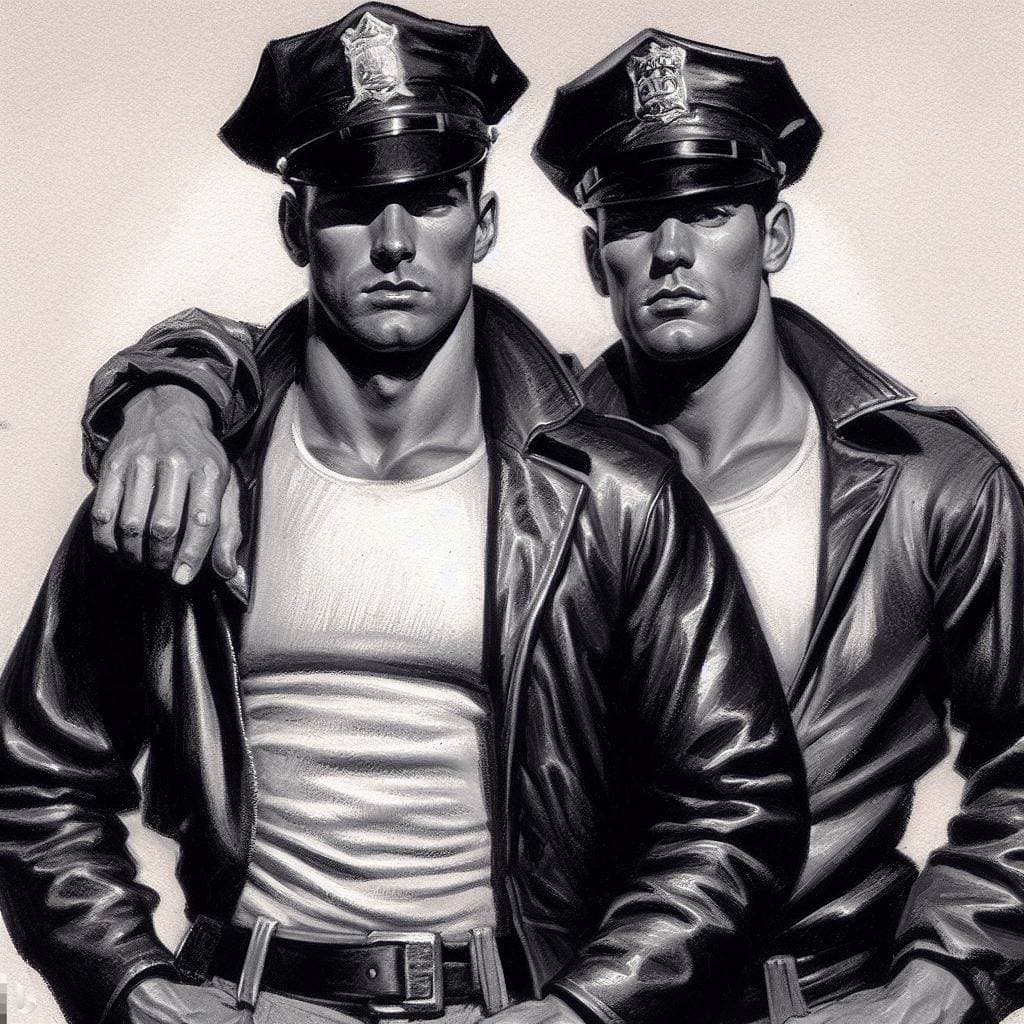 A black-and-white digital illustration of two men in police uniforms, featuring leather jackets, white undershirts, and peaked caps with badges.