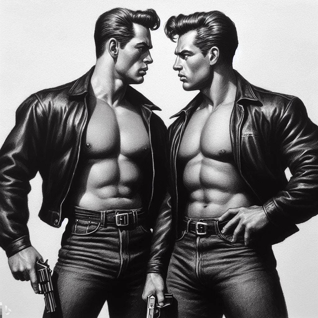 A black-and-white digital illustration of two muscular men in open leather jackets and jeans, standing face-to-face while holding revolvers. The image has a stylized, retro comic-book aesthetic.