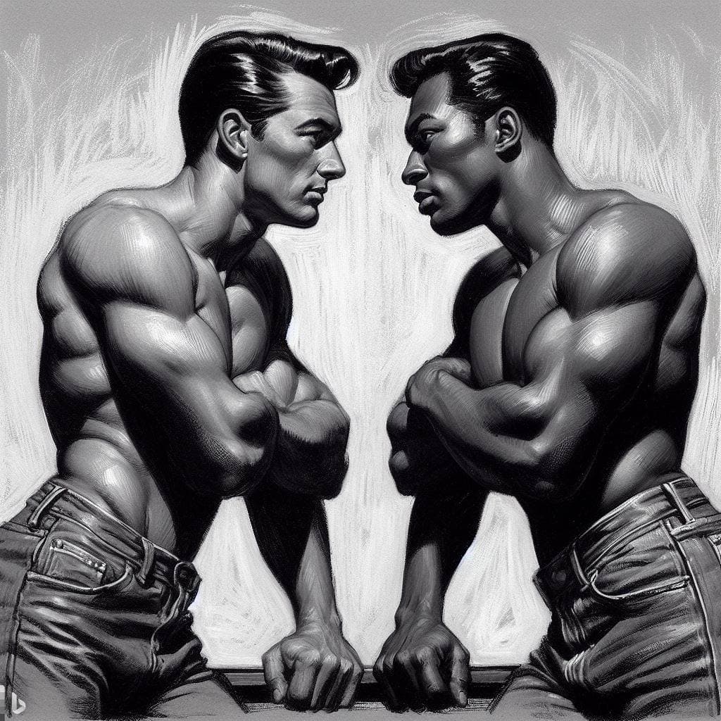 A black-and-white digital illustration depicting two muscular, shirtless men facing each other in a confrontational pose, with their arms crossed and hands resting on a surface. The image has a stylized, high-contrast aesthetic reminiscent of classic bodybuilding art or comic book illustrations.