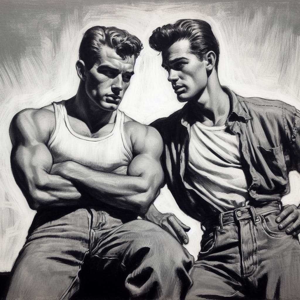 A black-and-white digital illustration in a sketch style depicting two muscular men sitting side-by-side. The man on the left wears a white tank top with his arms crossed, while the man on the right wears an open button-down shirt over a t-shirt and looks toward the first man.