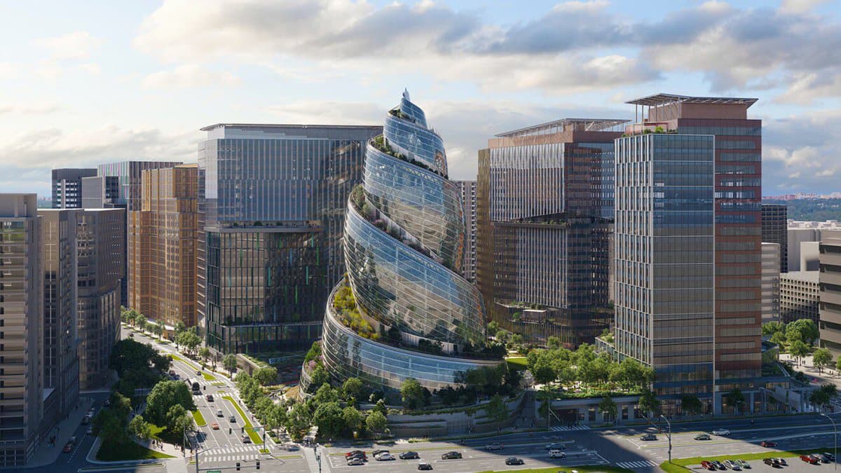 A digital architectural rendering of a modern city skyline featuring a prominent, spiraling glass tower with integrated greenery, surrounded by other high-rise office buildings and city streets. The image depicts a futuristic urban development project.